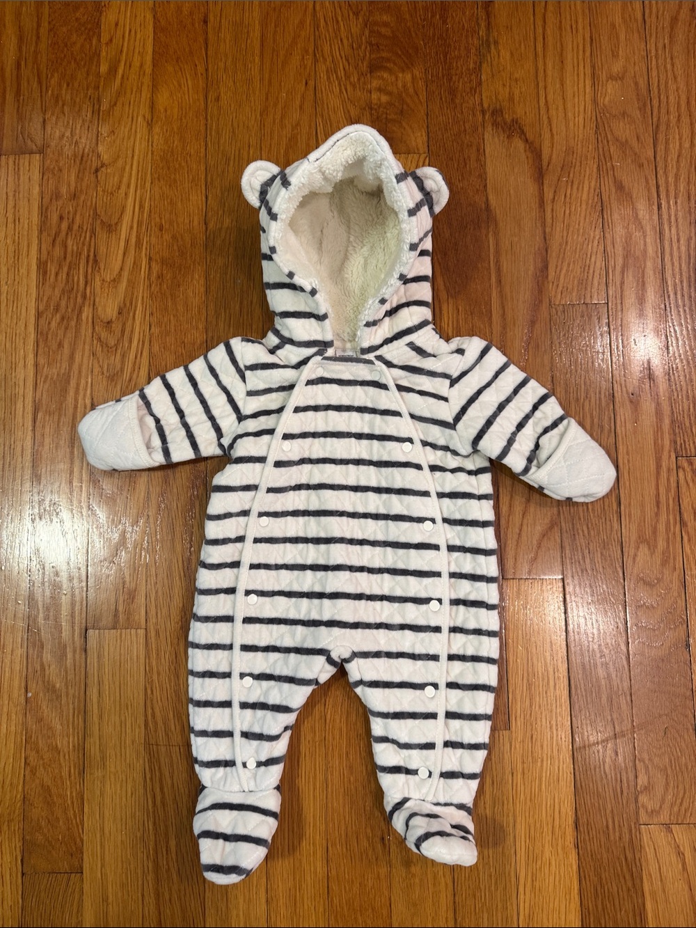 Nordstrom White and Navy Striped Hooded Baby One-Piece
